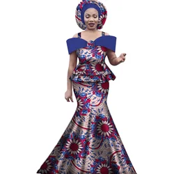 African Outfits with Headtie for Women Dashiki Bazin Print Strap Tops and Long Skirts Women Set African Clothing WY3113