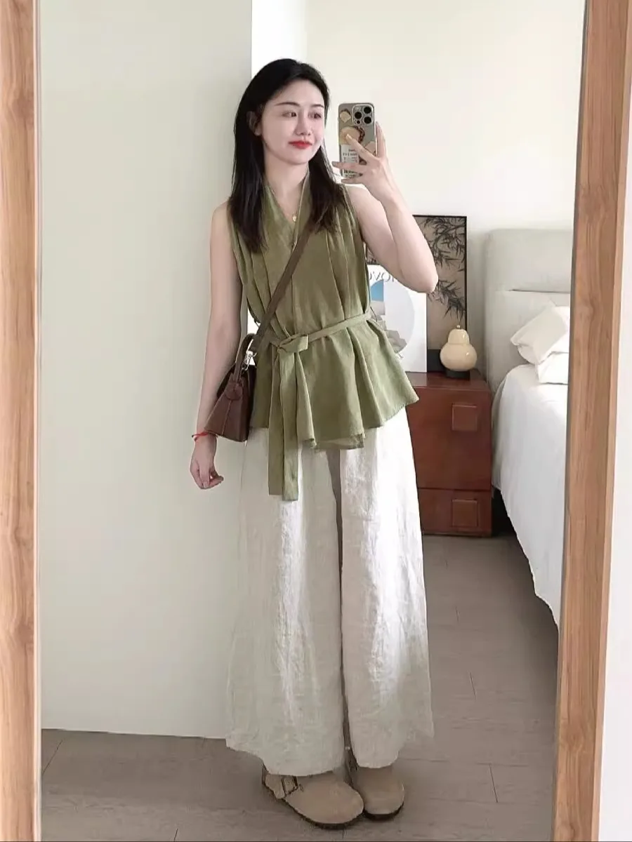 

Summer Faion plus Size Women's Waist-Cinching Svel Top Wide Leg Pants Casual Two-Piece Set V-Ne Polyester Blend