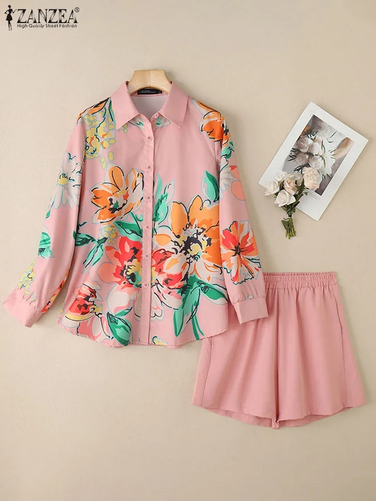 ZANZEA Summer Casual Holiday 2 Pieces Short Sets Women Floral Print Long Sleeve Shirts & Elastic Waist Shorts 2pcs Suits Outfits