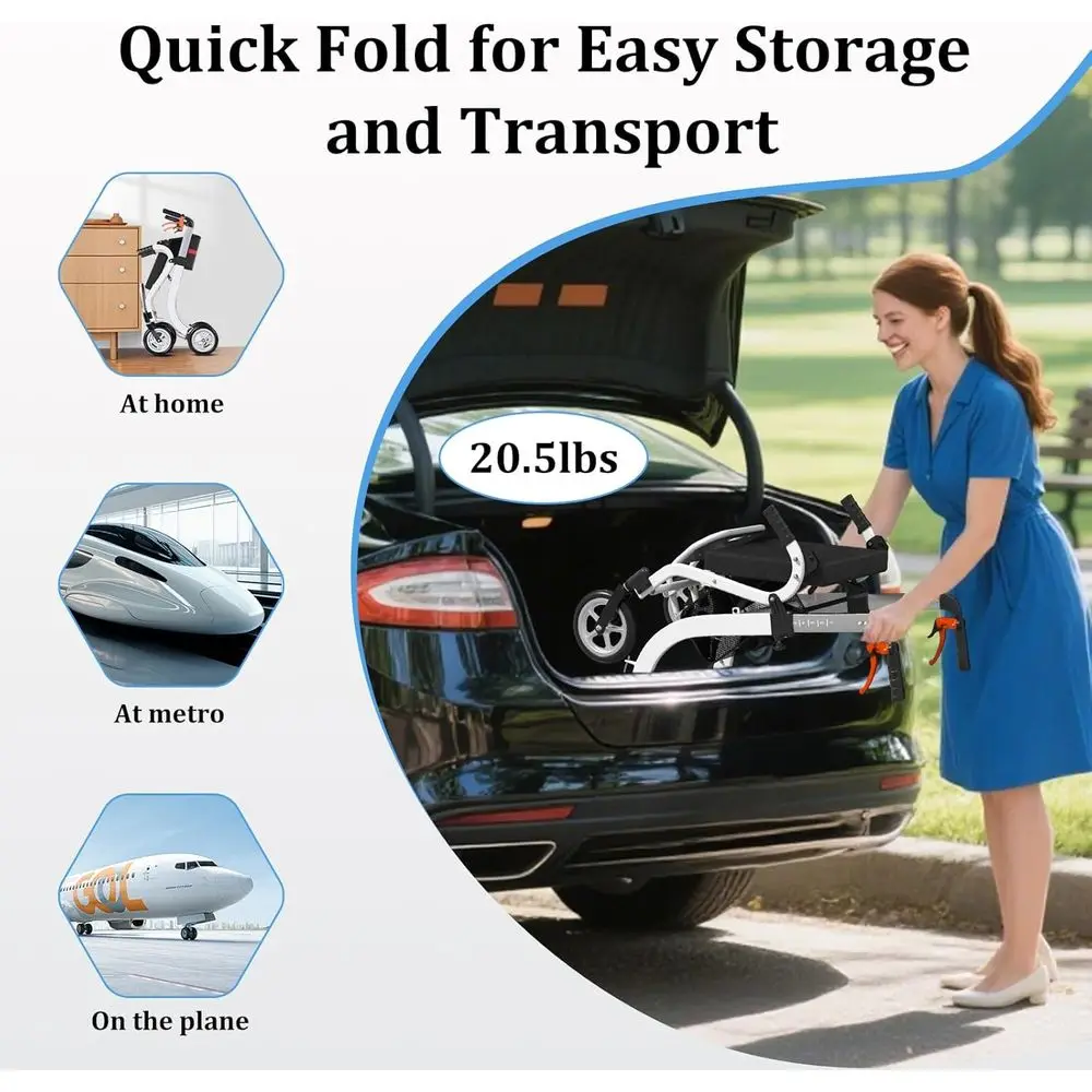 رولیتر قابل للطي 2 في 1 مع مقعد لكبار السن، كرسي نقل خفيف الوزن لجميع التضاريس، ارتفاع قابل للتعديل، أبيض