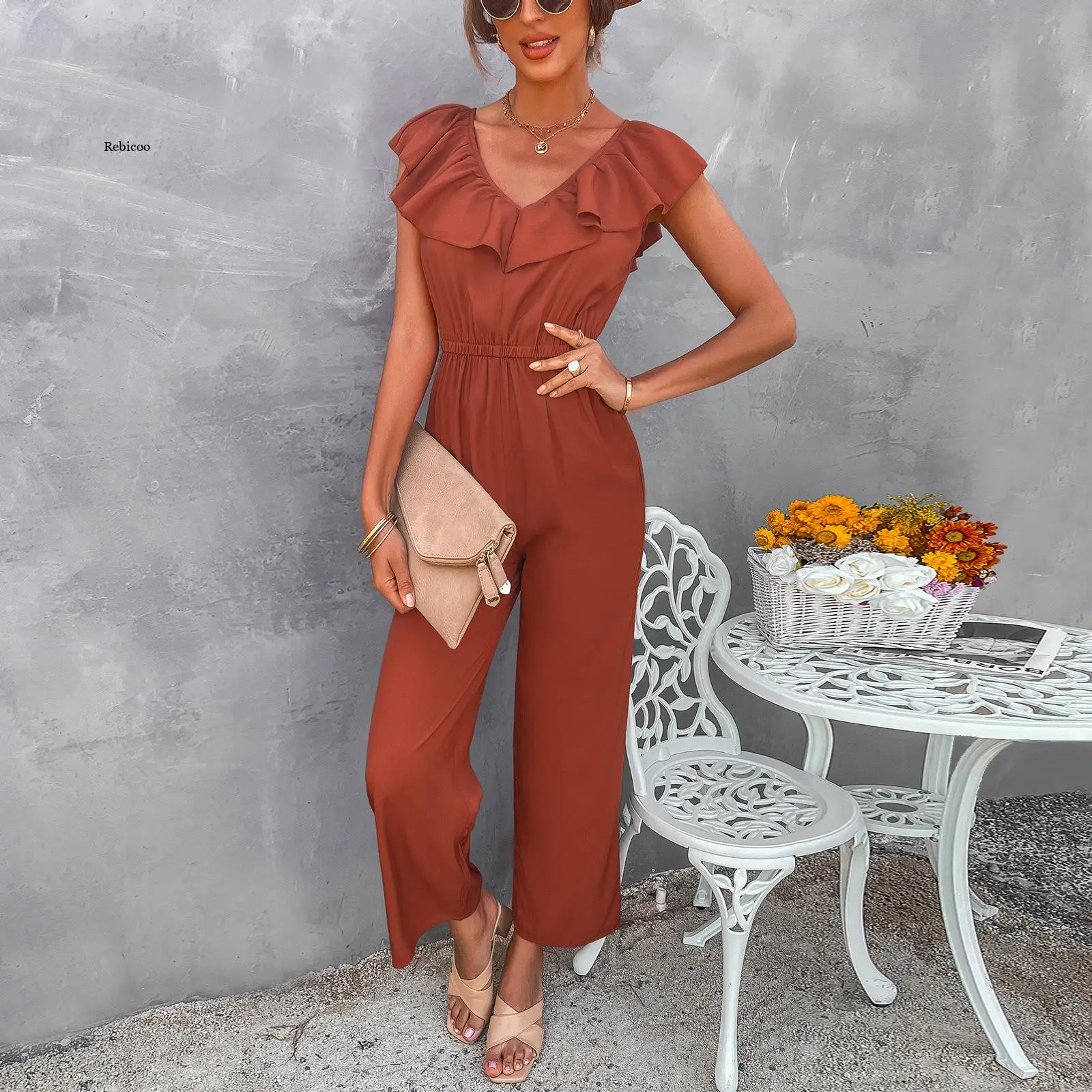 

Casual Short Sleeve Ruffle Backless Jumpsuits Women 2022 Summer Solid Fashion Waist Slim Jumpsuit Women Straight Pants Overalls