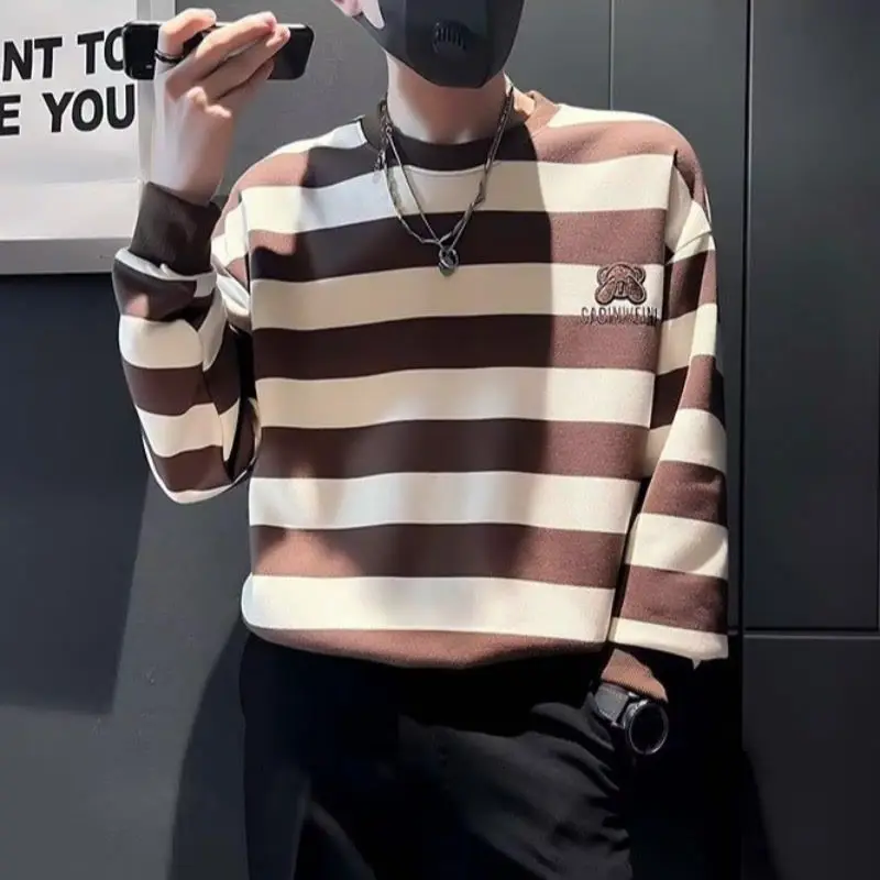 Striped Sweater Men\'s Long Sleeved Spring and Autumn Trendy Casual Ruffian Handsome T-shirt Men\'s Round Neck Pullover Top