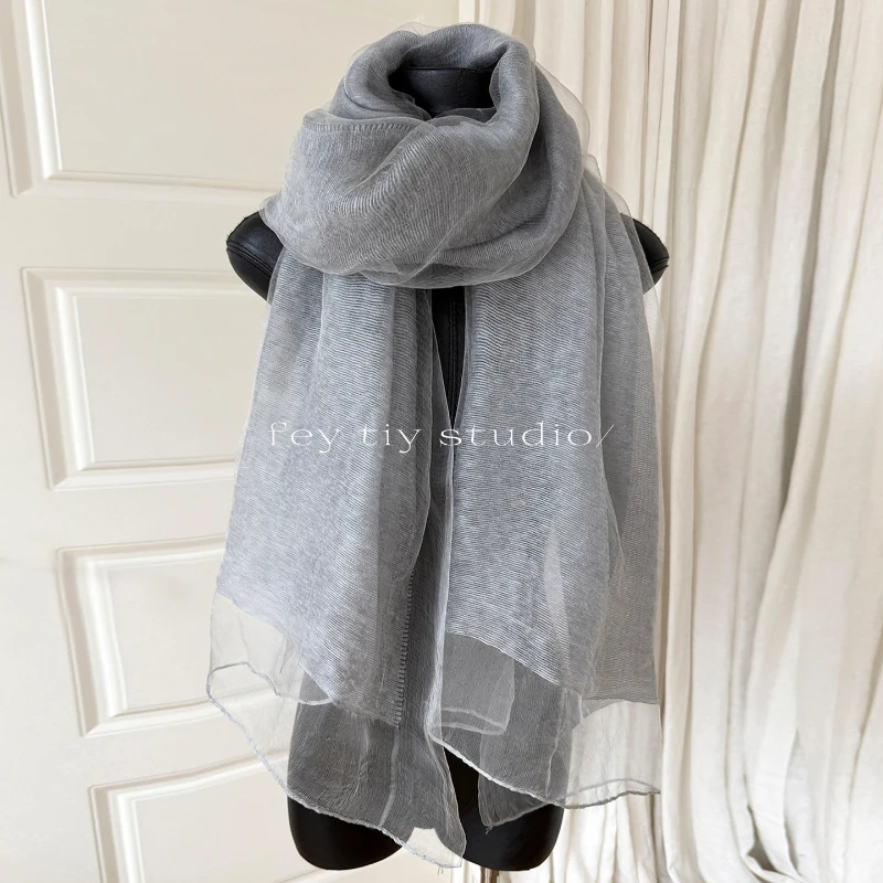 Light and Thin Double-layer Silk Blended Beige Scarf Shawl Women's Spring and Autumn Fashion Shawl Mulberry Silk Yarn