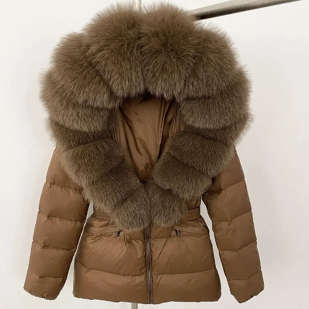 Großer echter Fuchs Pelzmantel 2024 Winter Puffer Jacke Gürtel elegante warme 90% weiße Enten Daunen jacke weibliche V-Ausschnitt Natur pelz jacke