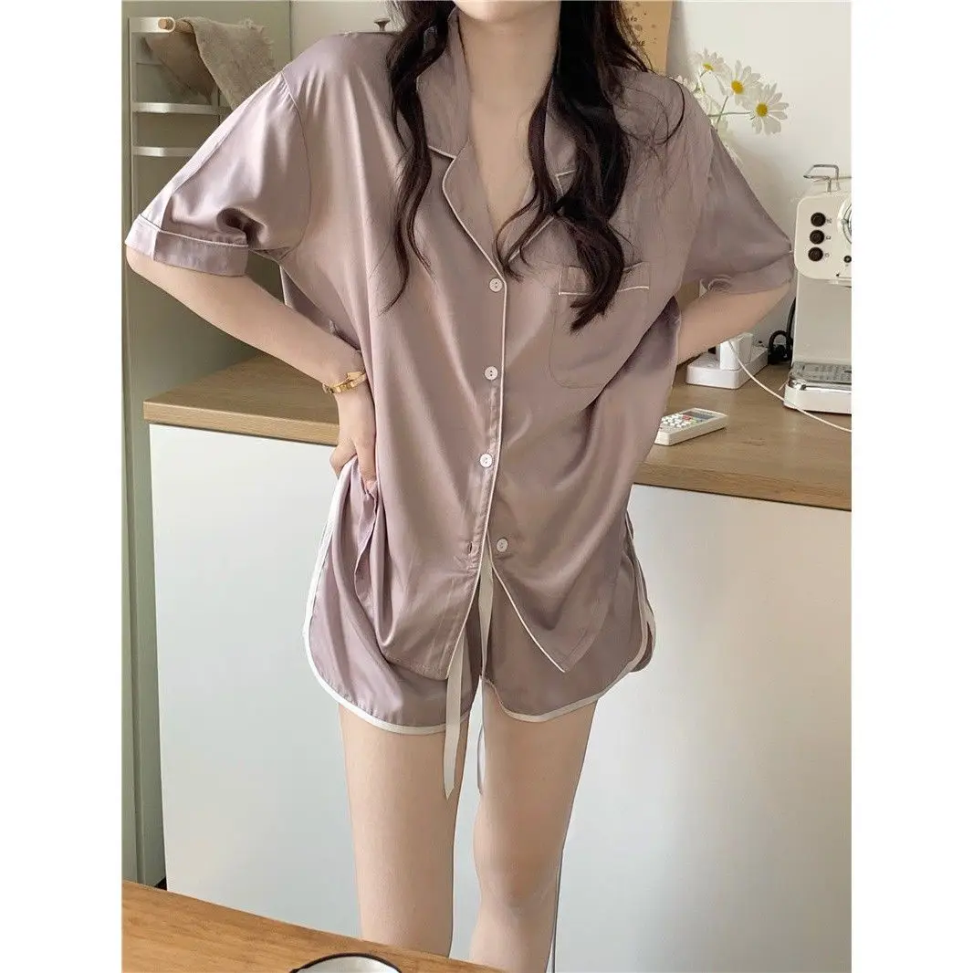 Young Girl Pajama Sets Women Purper Summer Youngster Silk Satin Sleepwear Korean Students Home Two-piece Pj Sets Sleepwear