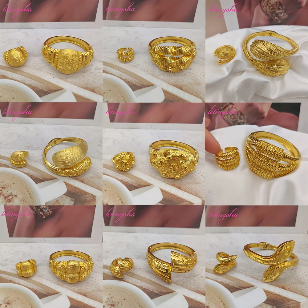 

Women Jewelry Nigerian Bangle With Ring Colorful 18K Gold Plated Bracelet Wedding Party Gift Dubai Hollow Out Design Bracelet
