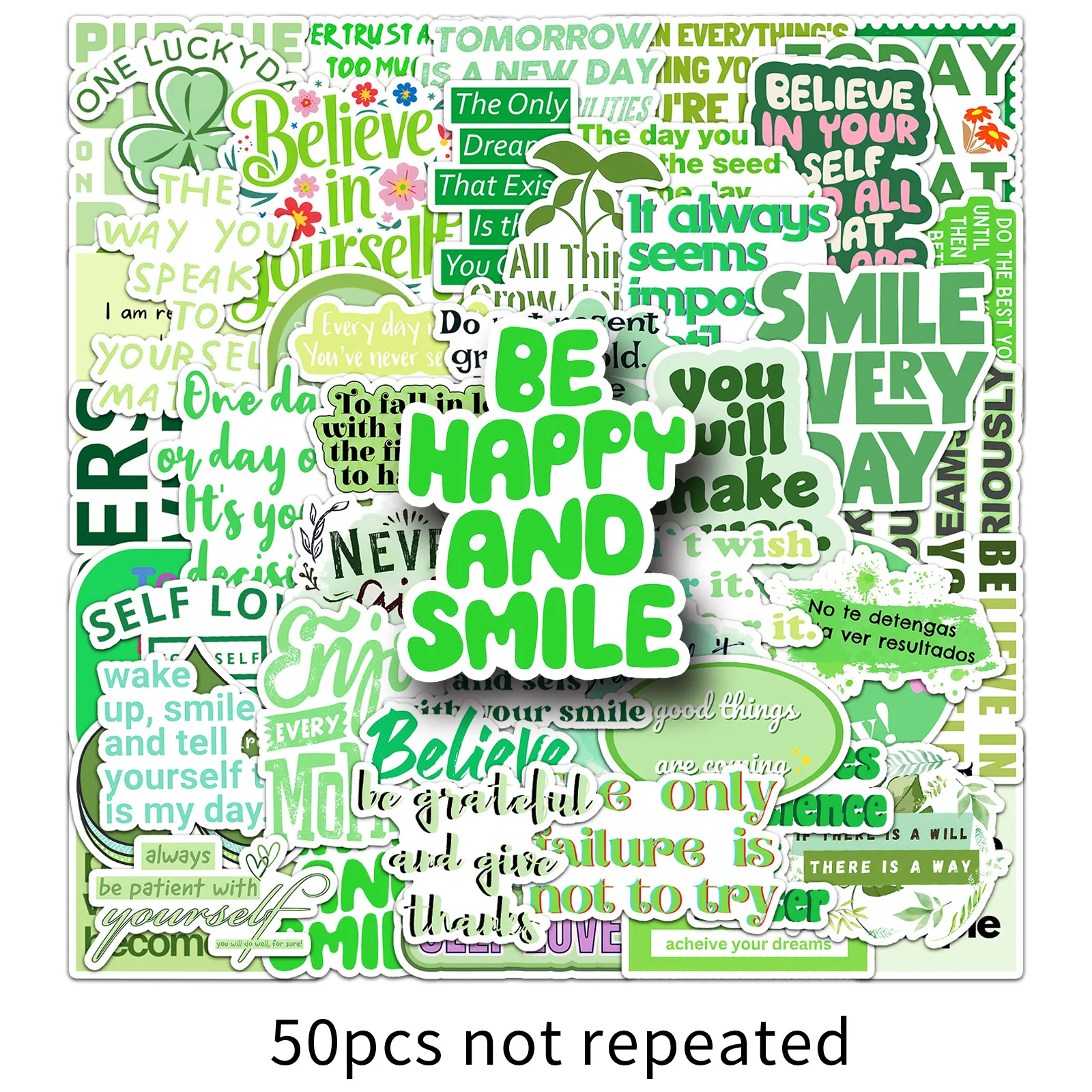 10/50 SZTUK Zielone Inspirujące Angielskie Krótkie Napisy Naklejki Graffiti Wodoodporne Naklejki DIY na Kubek na Wodę, Obudowę Telefonu Komórkowego