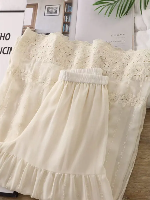 Ele Embroidered Skirt Pants Women's High Waist Loose Age-Defng Lace Trim Wide Leg Pants Summer 2025 New Arrival