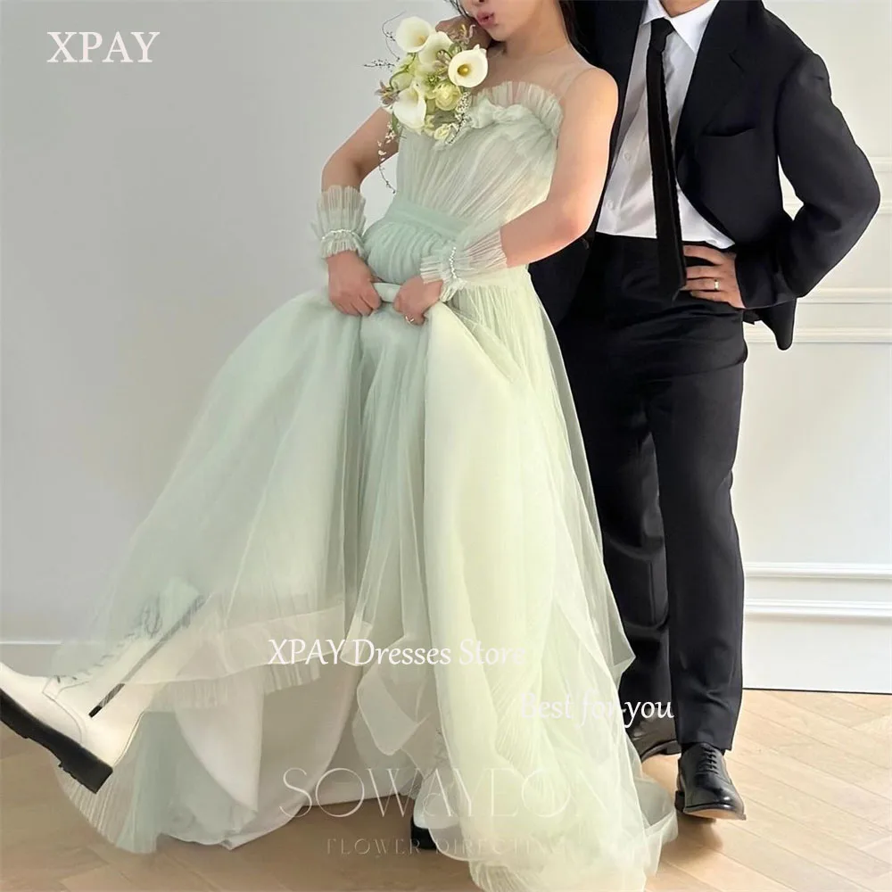 

XPAY Mint Green Wedding Dresses O-Neck Sleeveless Illusion Korea Photo Shoot Dresses Custom Made A-line Elegant Bridal Gown