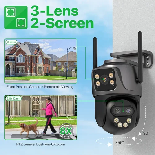 Imagen 2 del producto Cámara IP HD de 6K y 9MP para exteriores, cámara WiFi externa de tres lentes, cámara PTZ de seguridad de doble pantalla 4K/2K, vigilancia de seguimiento automático iCSee