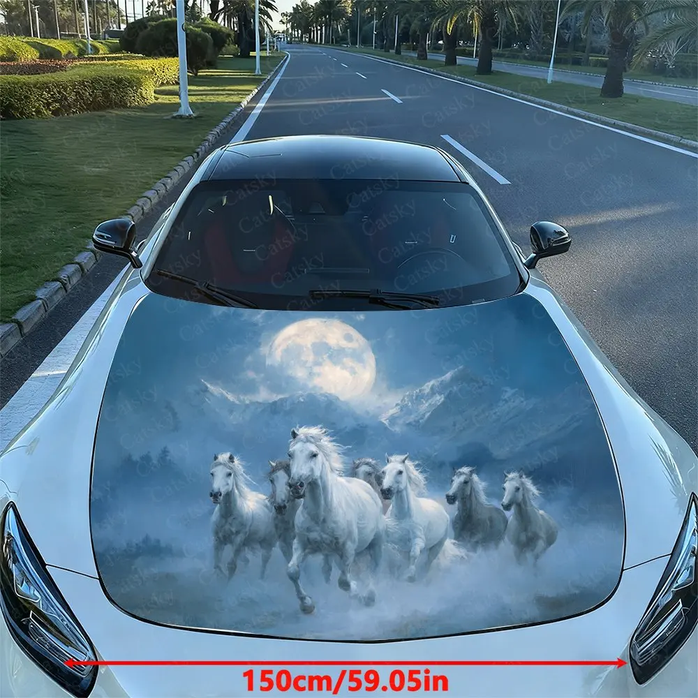 Moonlight White Horse Group Car Hood Decal Sticker, Durable Car Vinyl Wraps Suitable For Most Vehicles, Car Engine Hood Protecti