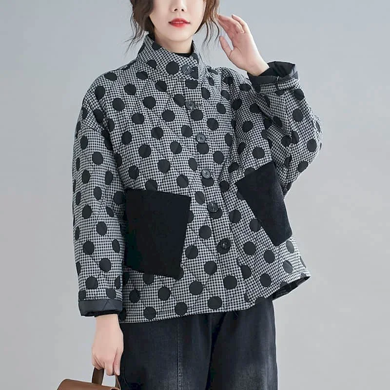 Pop Quilted Coats For Women Dot Artistic Lightweight Cotton-padded O-neck Jackets Long Sleeve Casual Single Breasted Women Cloth