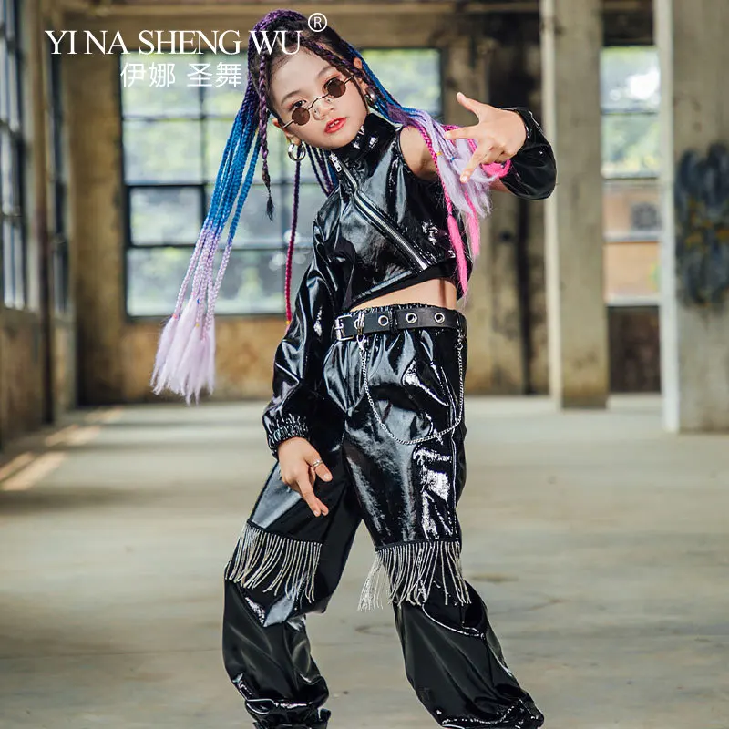 أزياء رقص الجاز للفتيات أزياء الهيب هوب ملابس جلدية سوداء مجموعة ملابس K-pop المرحلة نموذج المرحلة المدرج البدلة