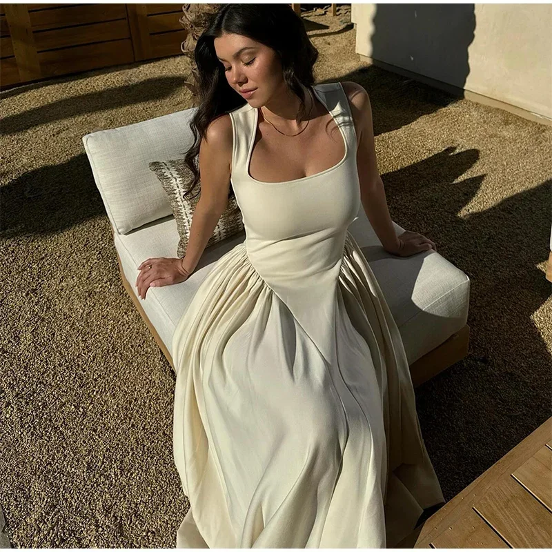 

Элегантное платье миди с квадратным вырезом для женщин, элегантное однотонное длинное платье без рукавов с высокой талией, 2024, летние праздничные вечерние платья