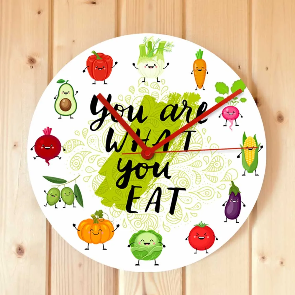 You Are What You Eat Vegetarian Quote Wall Clock Fruit Veggie Funny Kitchen Sign Cartoon Wall Watch Healthy Food Eating Artwork