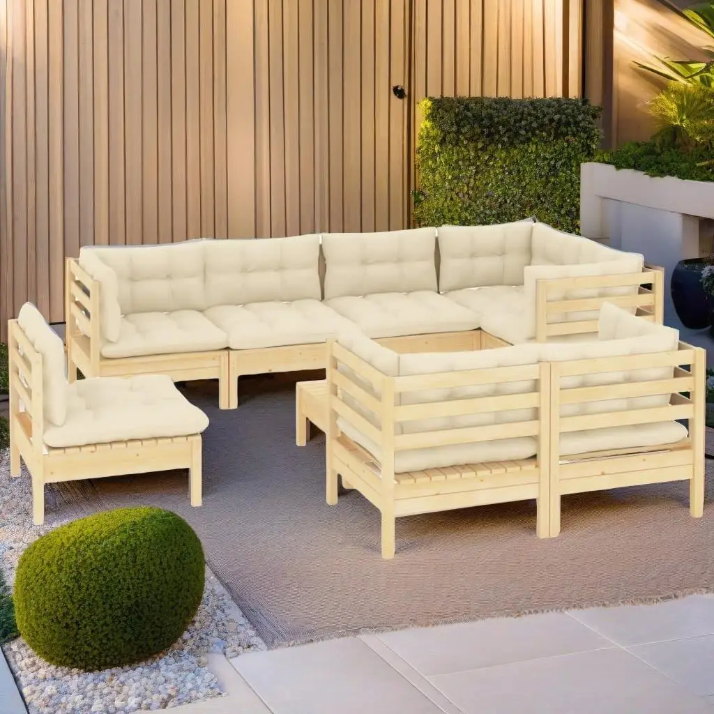 

9-Piece Solid Pinewood Patio Lounge Set with Cream Cushions - Outdoor Furniture for Relaxation