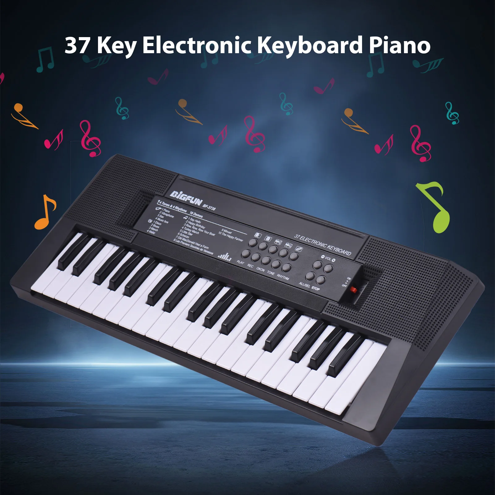 37 Key Electronic Keyboard Piano 4 Tones 4 Rhythms 10 Demos 5 Percussions Single Speaker Dual Power Mode with Mic for Beginners