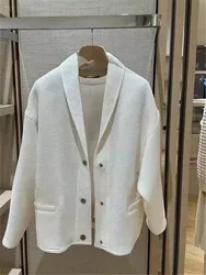 Women's Casual Lapel Waffle Cotton Jacket Single-Breasted Long-Sleeved Coat White