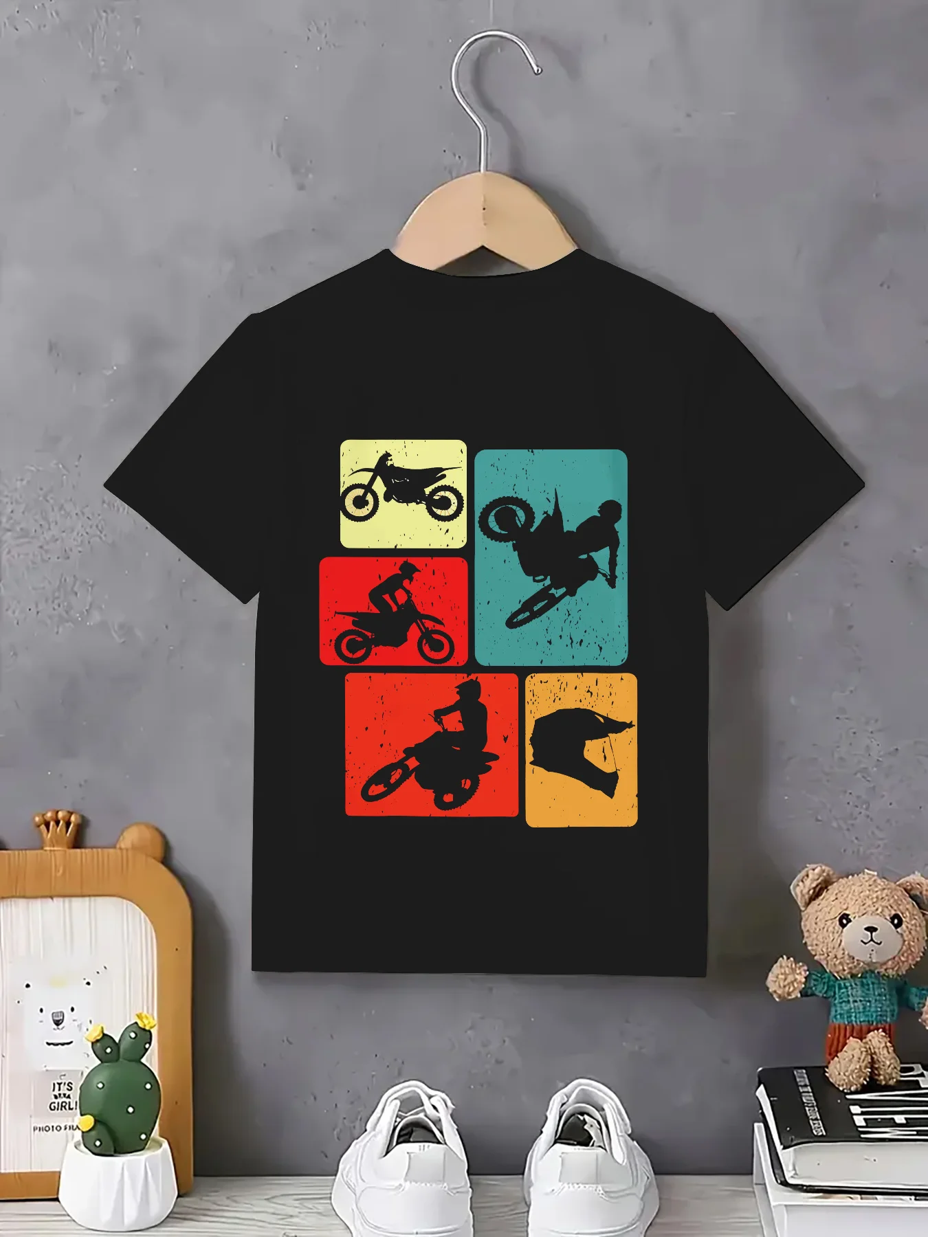 Boys Girls Creative Motorcycle‑Racing‑Print Trendy Street‑Style Summer Short‑Sleeve Kids T‑Shirt