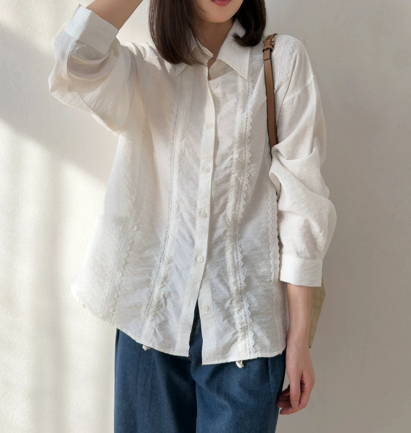 Birdtree, 76% Real Silk 24% Nylon Blouse, Lapel Full Sleeve Tops, Women Dry Silk Lace Drawstring Shirt, 2026 Autumn New T67029JF