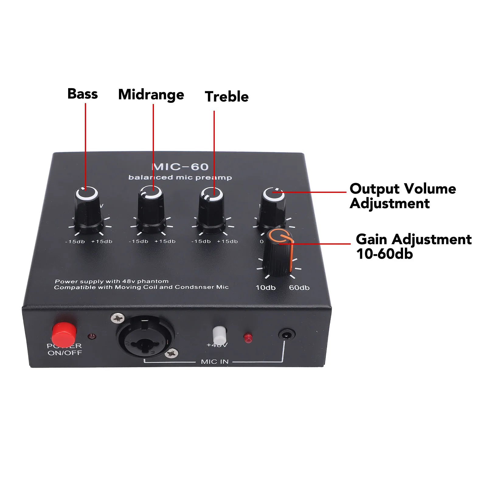Balanced Mic Preamp 60db Gain Portable Enhance Sound Quality Aluminum Alloy Microphone Amplifier for Dynamic and Condenser Mic - view 4