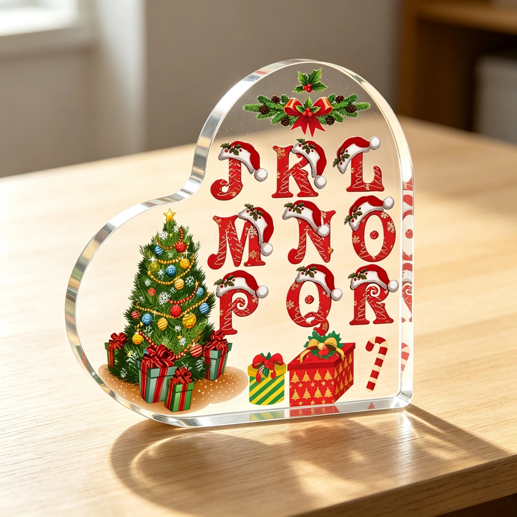Heart Shape Acrylic Sign, Christmas Alphabet J‑R Desktop Ornament, Santa Hat Letters Xmas Tree Gift Box Holly Candy Cane Table Decor, Christmas Letter‑Theme Home Holiday Gift, 2D Flat