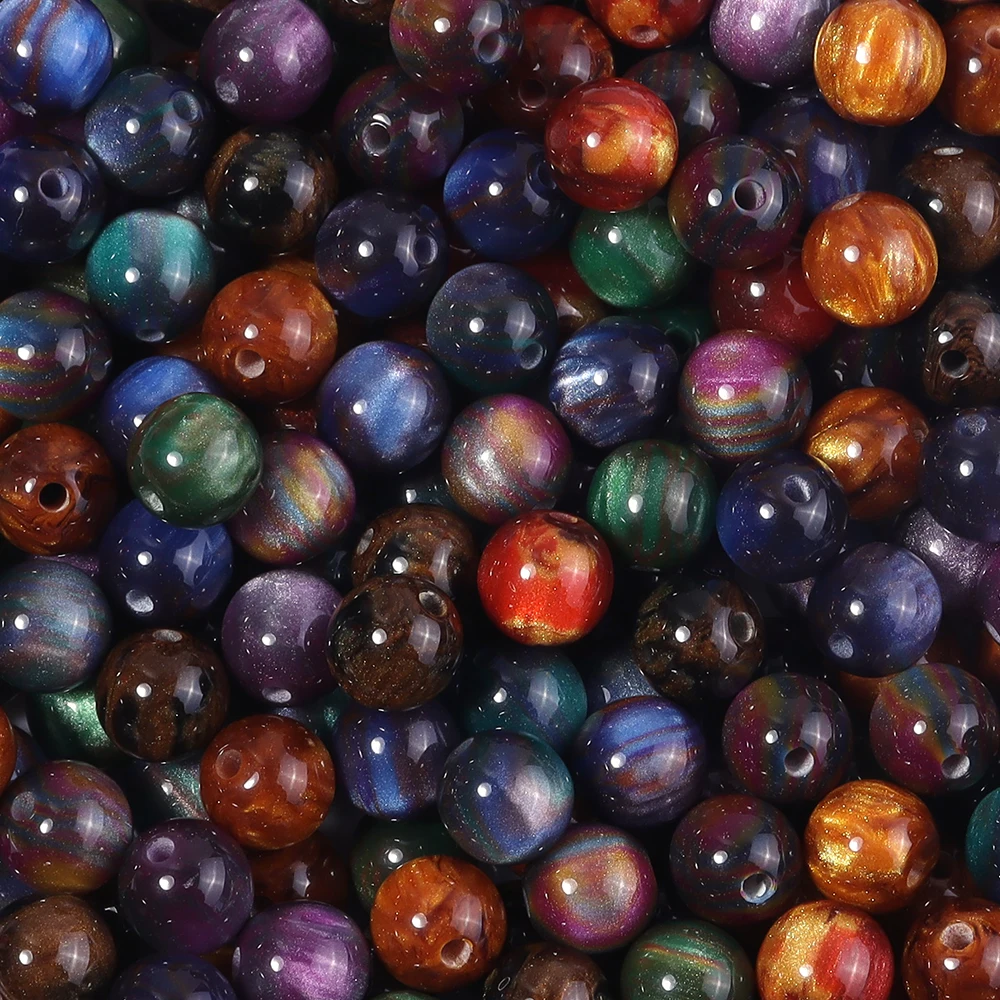 50 Stück 8mm Dunkle Farbe Imitation Katzenauge Harzperlen Glitzer Sternenhimmel Runde Lose Perlen für Schmuckherstellung DIY Armbänder Halskette – Detail 8
