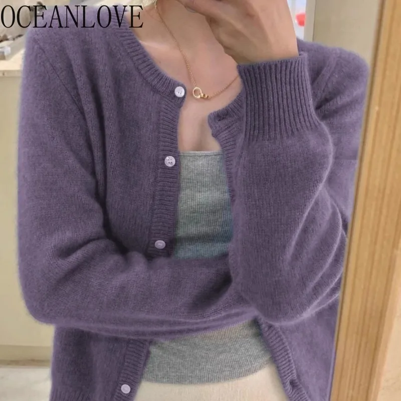 OCEANLOVE Short Cardigans Solid Sweet Autumn Winter Korean Fashion Women Sweaters Basics Simple Vintage Sueter De Mujer