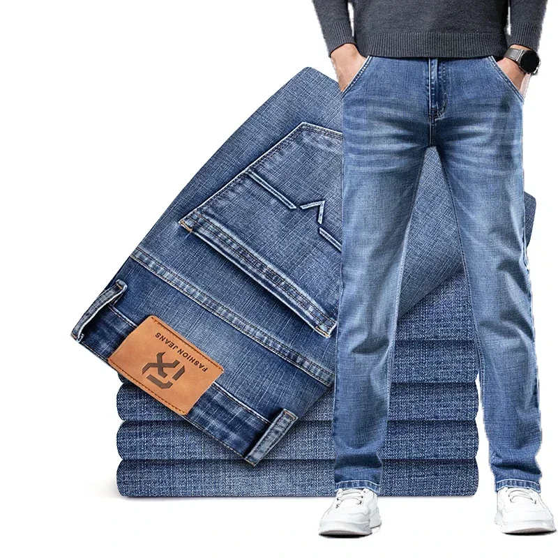 Autumn Spring Brand Straight Loose Stretch Denim Jeans Classic Business Casual Young Men's Fashion Mid-high Waist Jeans