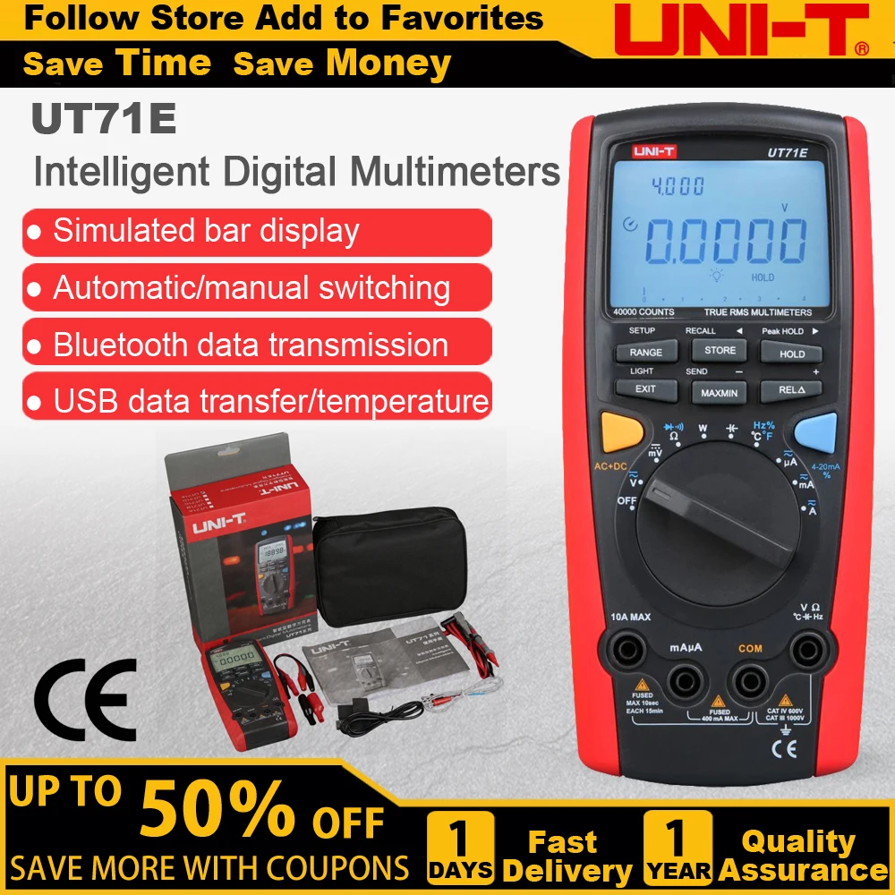 UNI-T UT71E Smart Multimeter Intelligent True RMS Digital Volt Amp Ohm Capacitance Meter Thermometer USB Interface PC Software