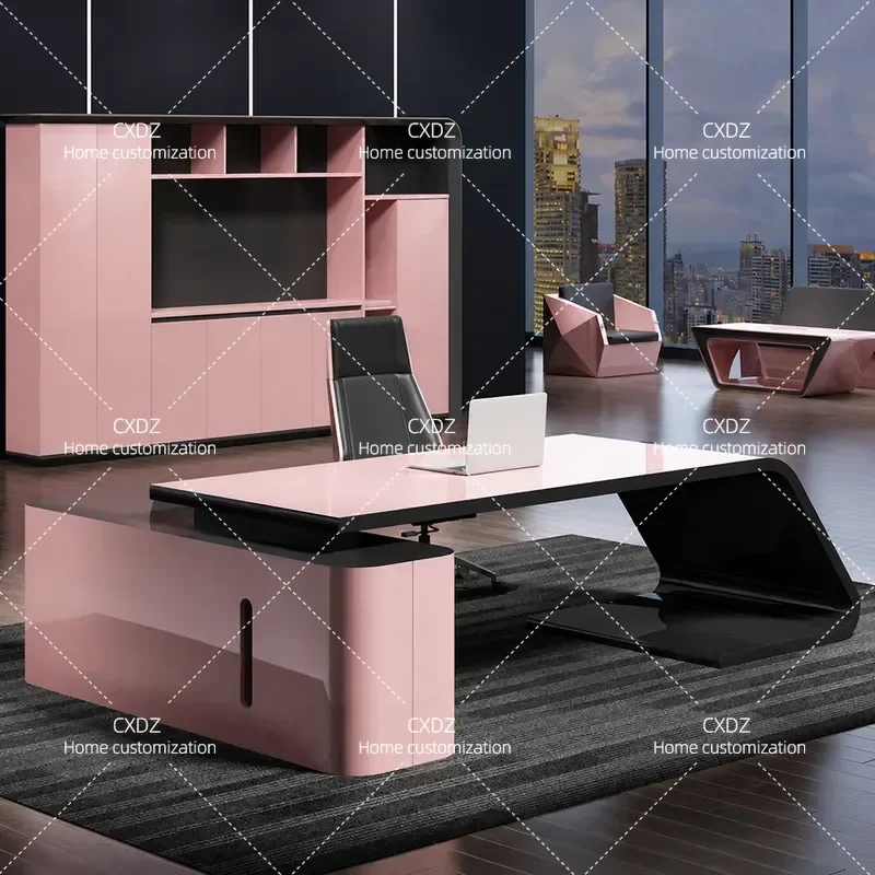 Simple Modern Pink Executive Desk and Chair Set Light Luxury Office Furniture for Women Manager President Workstation