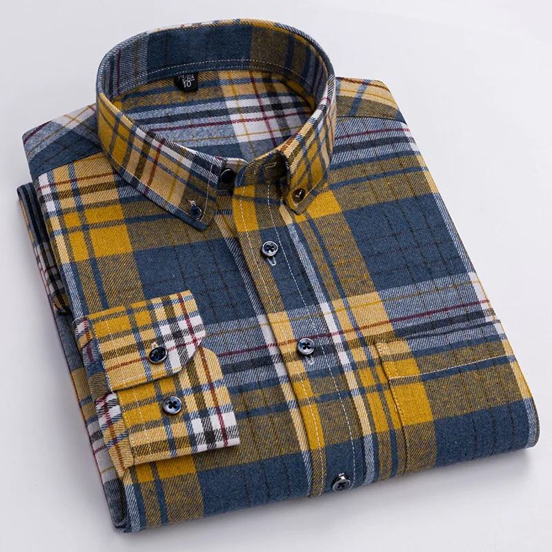 2023 New Hot Sale Fashion Pure Cotton Brushed Men\'s Shirt Long Sleeve Plaid Spring And Autumn Social Casual Shirt For Men