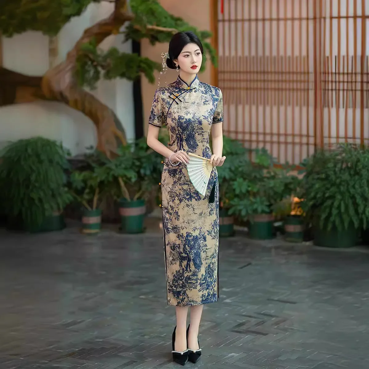 Elegante lange Cheong sam Print chinesischen Stil Qipao Frauen neue Frühling/Sommer täglich frische Bambus blätter Kleid