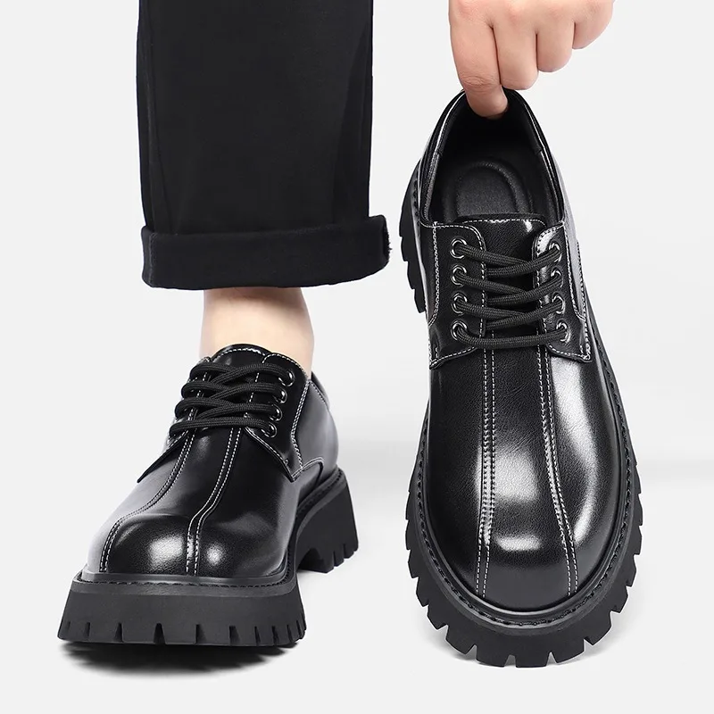 

Fashionable Patent Leather Men's Round Toe Shoe Luxury Business Dress Shoes British Comfortable Thick Soled Casual Shoes for Man