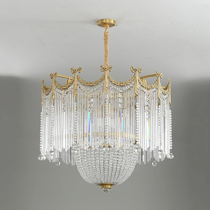 Retro Crystal Tassel Bow Design Chandelier Copper Frame Pendant Light for Living Room Dining