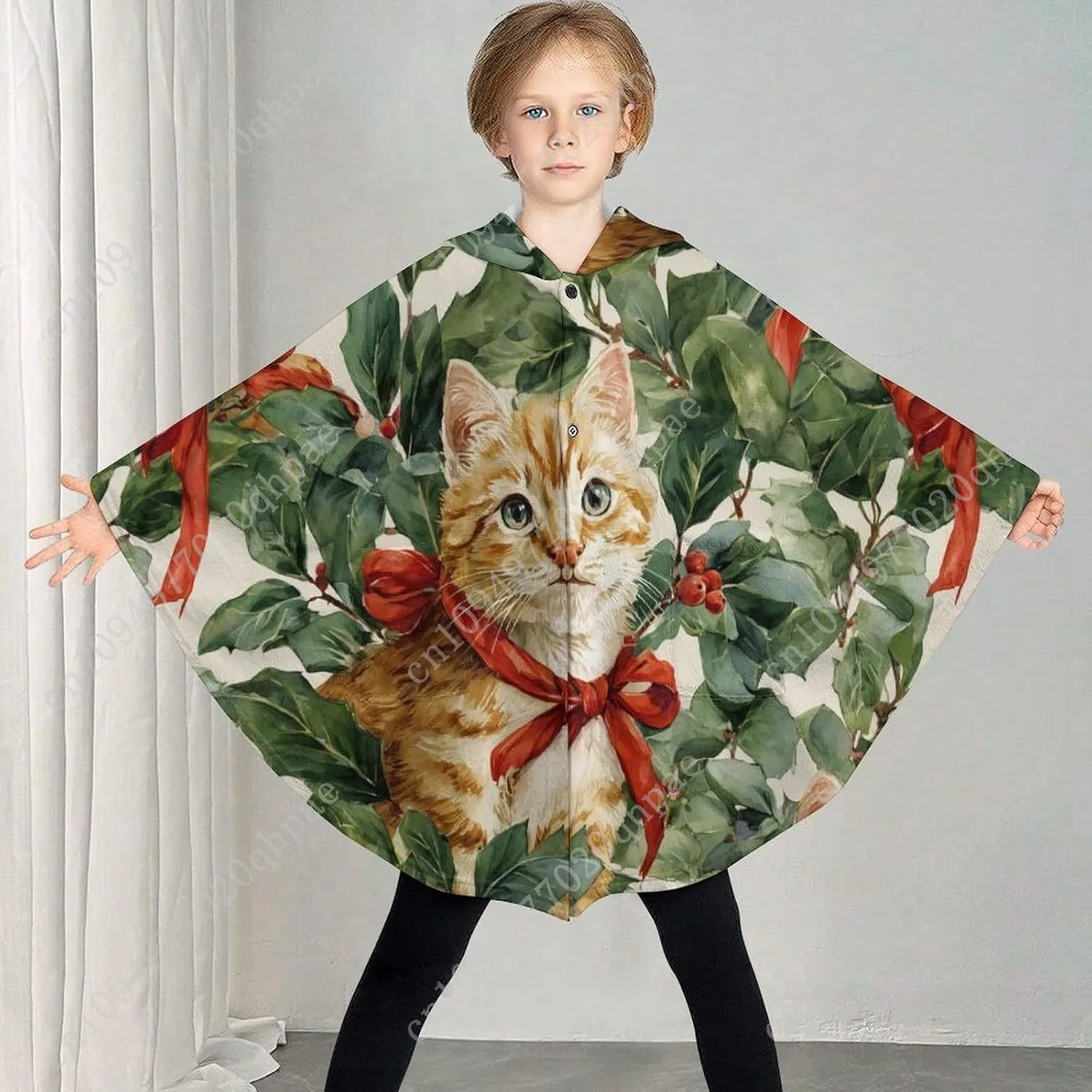 سترة بطانية مريحة من الفلانيل، قلنسوة كبيرة الحجم بأقواس حمراء لطيفة مع جيوب للأطفال والمراهقين