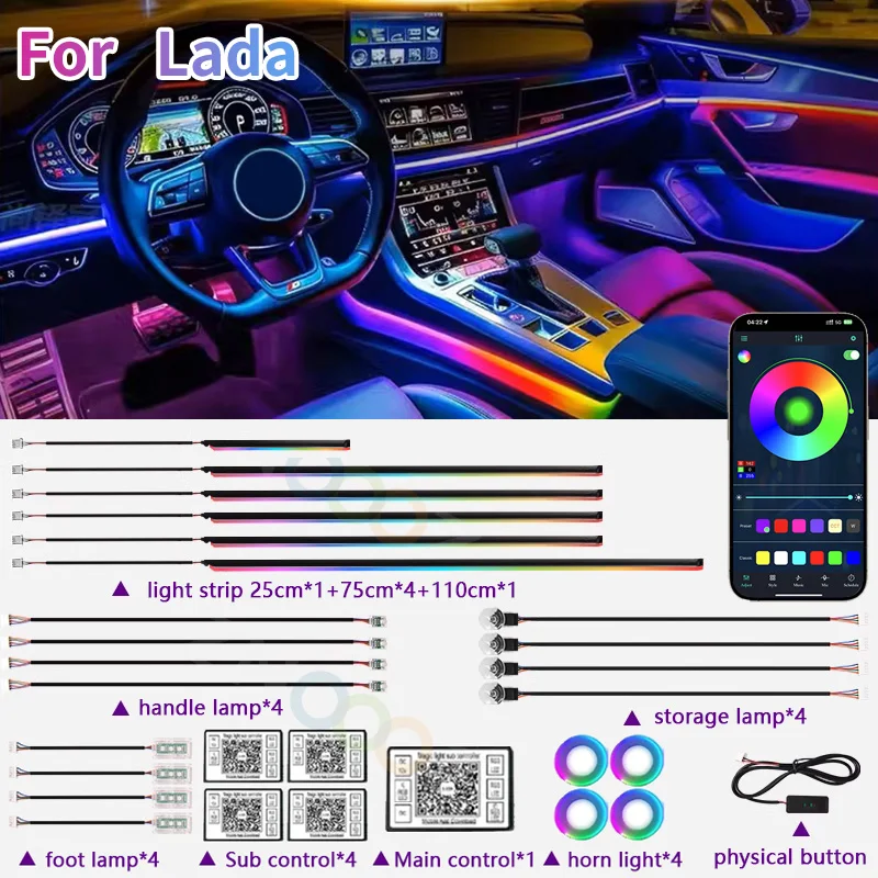 RGB 22in1 Car Interior Acrylic Car Ambient Lights For  Lada Xray Largus 4x4 Niva Bronto Car Lighting Strips Accessories