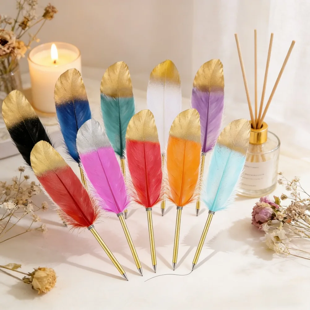 10-Pack Retro Feather Ballpoint Pen Set|Random Color | 0.5Mm Fine Refill, European Retro Feather Shape, Smooth Writing