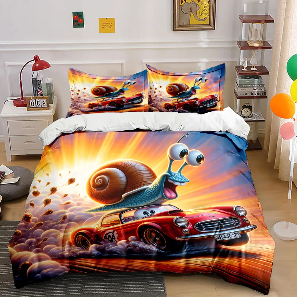 Racing snail on red car Pattern Duvet Cover Set Digital Print Colorful Polyester Bedding with Zipper Closur for kids gifts