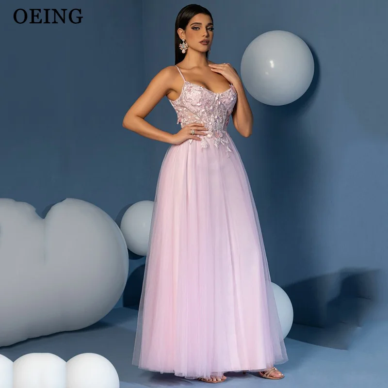

OEING Elegant A-Line Prom Dress Princess Pink Spaghetti Strap Appliques Draped Floor Length Gala Party Dress vestidos Customized