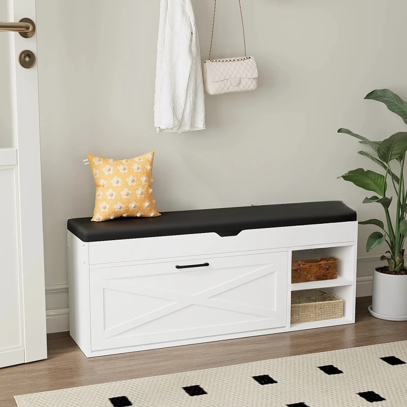 Shoe Bench Cabinet with 1 Flip Drawers and 2 Compartments