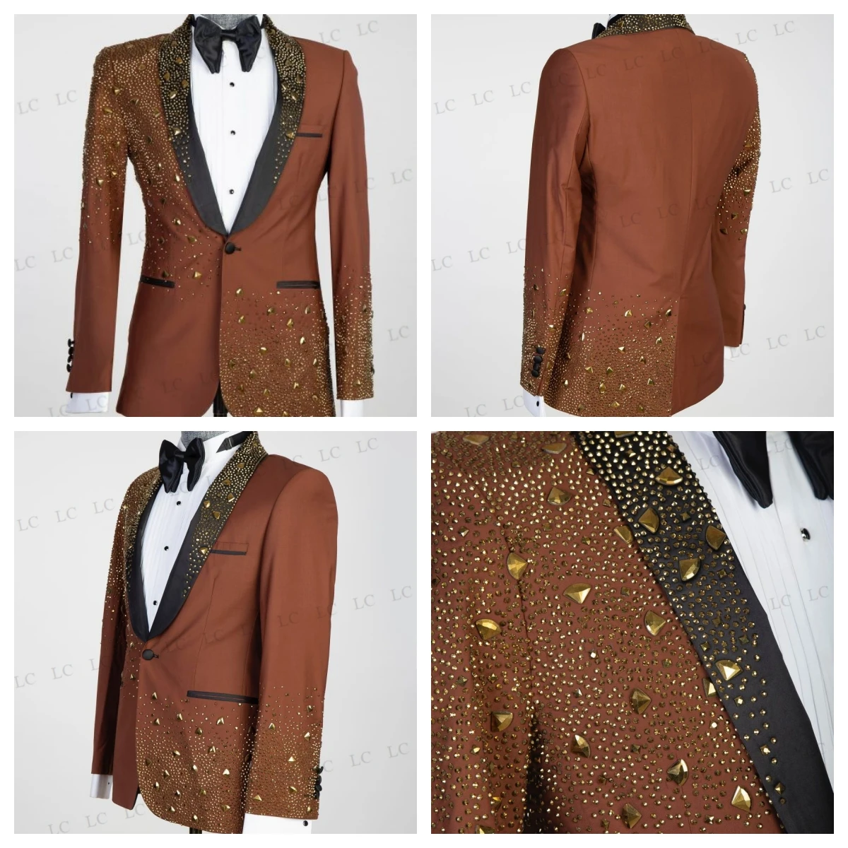 

Blazer Pants 2 Pieces Men Suits One Button Sheer Lapel Golden Diamonds Beads Tuxedo Slim Wedding Groom Prom Plus Size Customed