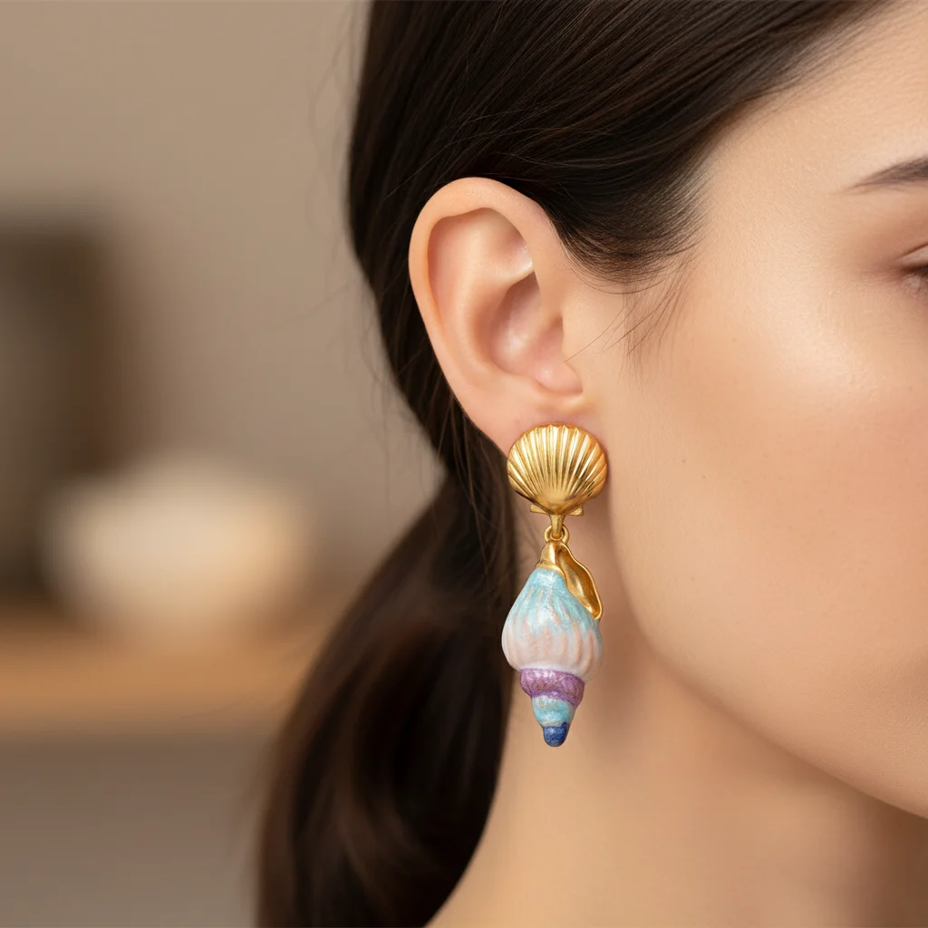 

Boho Chic Gold Color Scallop & Enamel Conch Shell Drop Earrings for Women - Summer Beach Vacation Jewelry