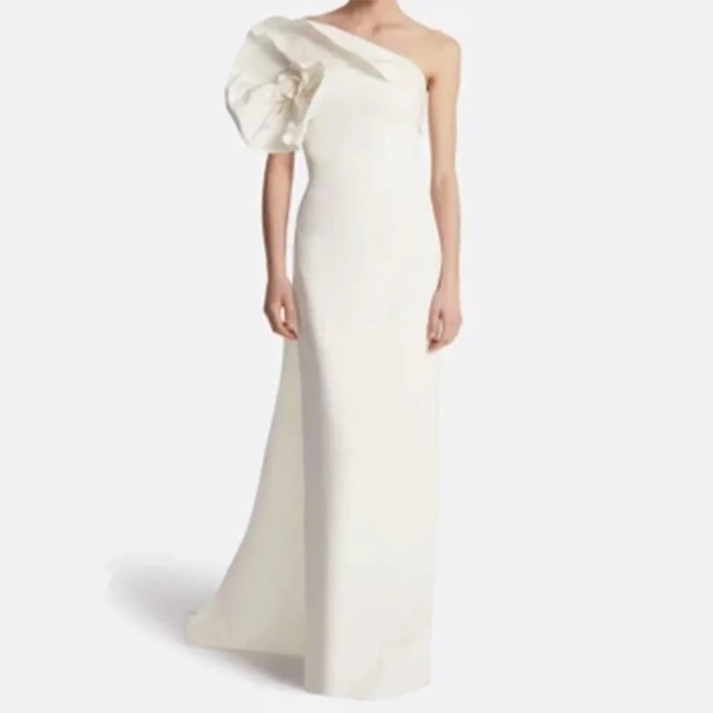 

Customized Straight Evening Dresses Floor-length Strapless Three Quarter Sleeve Prom Gown Fashion Flowers Draped Party Gown