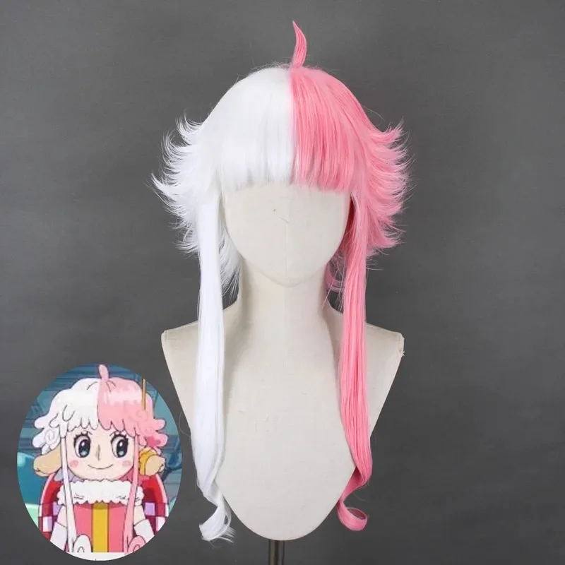 DY20Vegapunk Atlas Cosplay Kostüm Haar Kopfbedeckung Rosa Weiß Blockieren Farbe Styling Perücke25