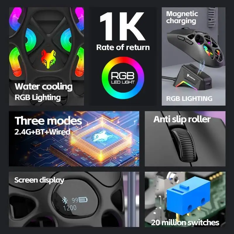 H16 Pro RGB ضوء قاعدة مغناطيسية قابلة لإعادة الشحن ماوس بصري مريح BT + 2.4 جيجا هرتز + ماوس ألعاب لاسلكي ثلاثي النماذج سلكي 12000 ديسيبل متوحد الخواص