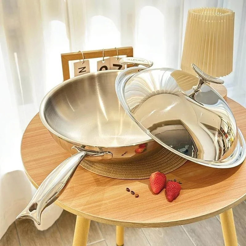 Simple Stainless Steel Wok,Flat Bottom Frying Pan with Lid,Long Handle Chef Pan for Restaurant,Non-Stick Home Kitchen  Cookware