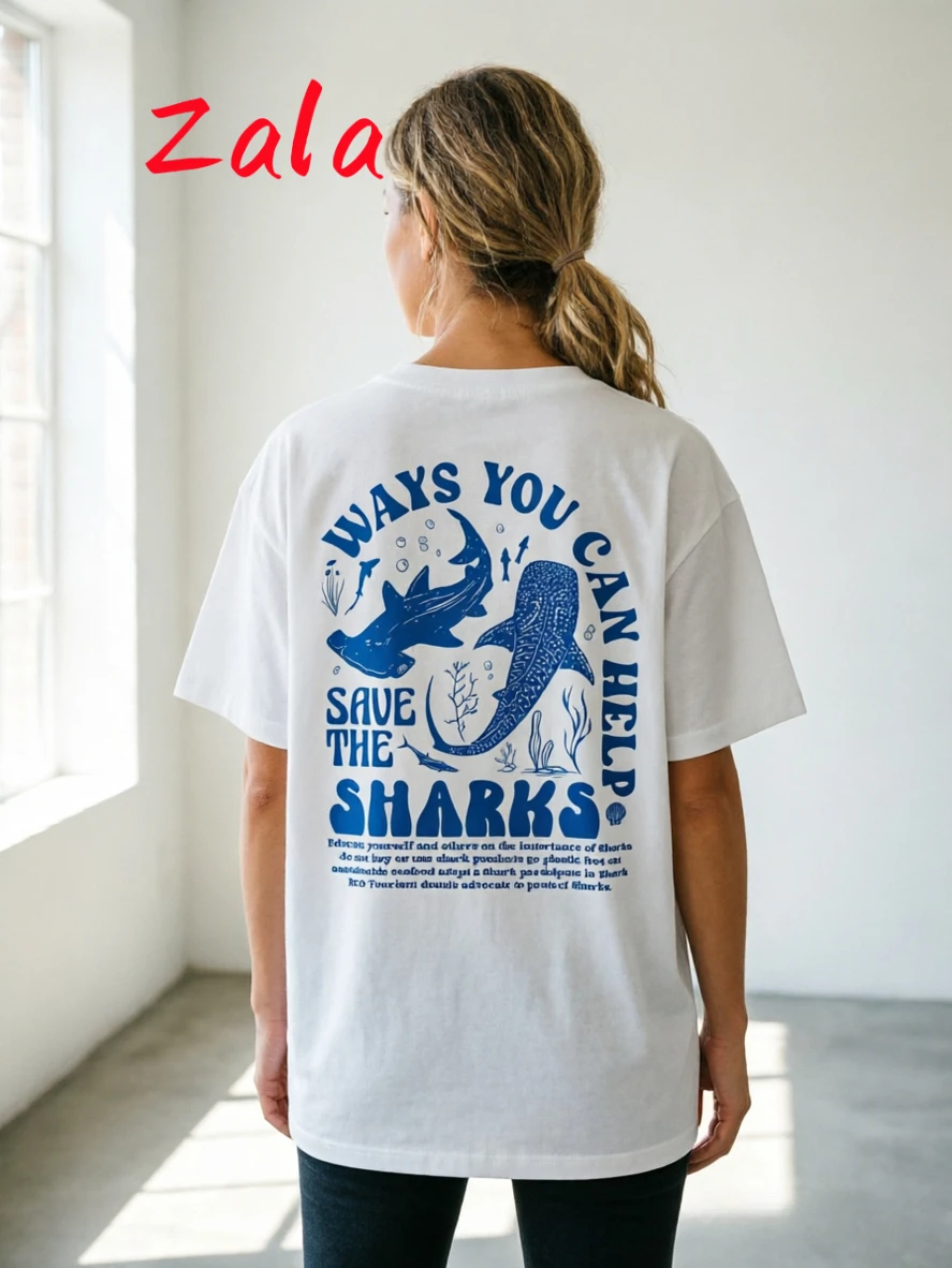 T-shirt décontracté à col rond pour femme avec imprimé requin, T-shirt à manches courtes, mode toutes saisons, vêtements d'été pour femmes