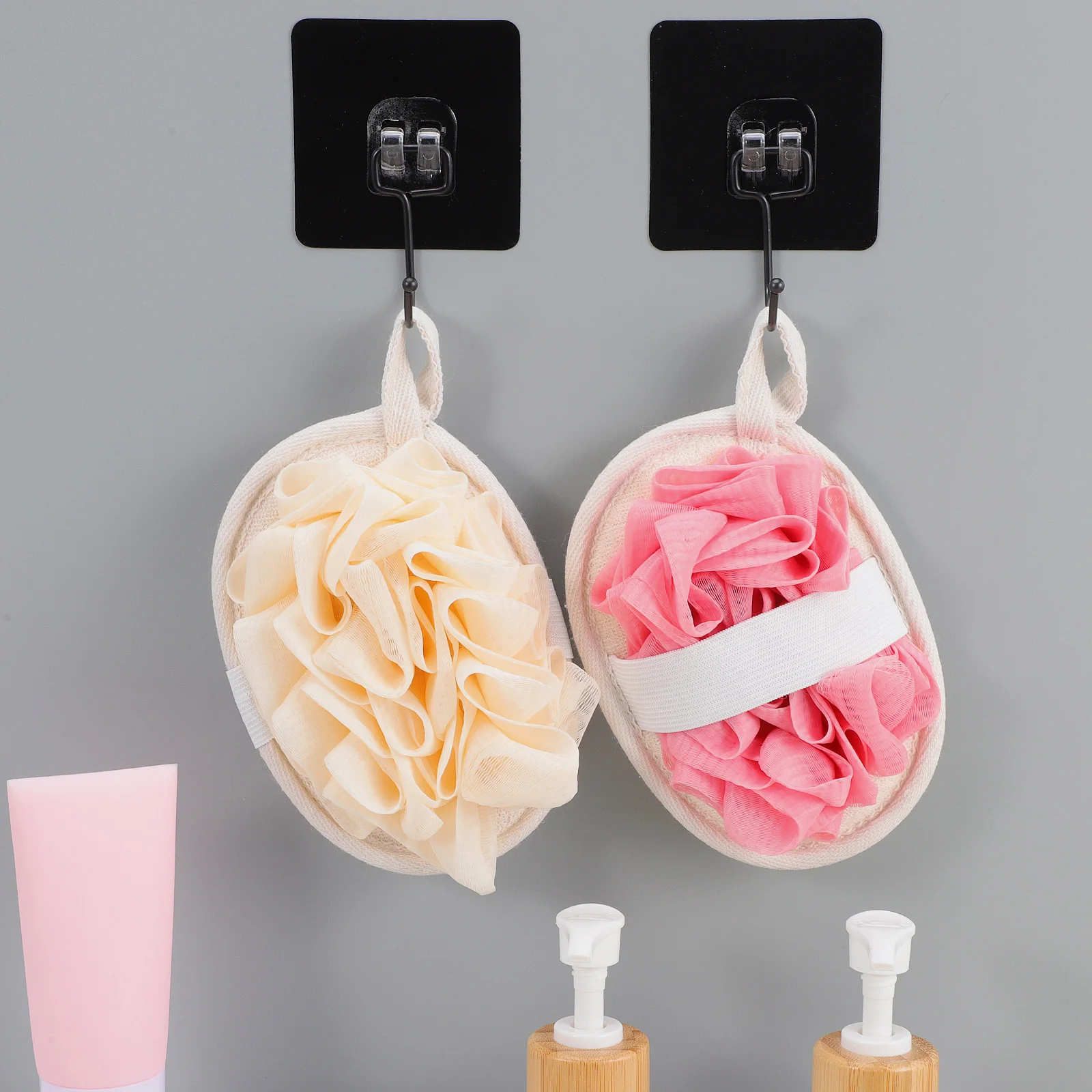 

2pcs Soft Bath Loofah Scrubber Exfoliating Body Sponge Gentle Cleansing Portable Shower Pad Handle Strap Travel Use