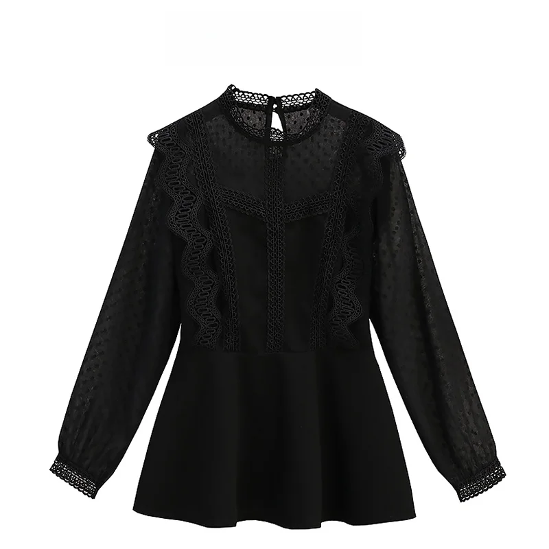 

Модная черная кружевная шифоновая повседневная блузка для женщин, весенняя, приталенная, универсальная, для отдыха, в корейском стиле, с длинным рукавом